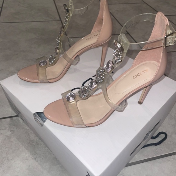 ALDO Montesegale Soft Pink Crystal Clear Strap Open-Toe Pumps Size 8 - Picture 5 of 13
